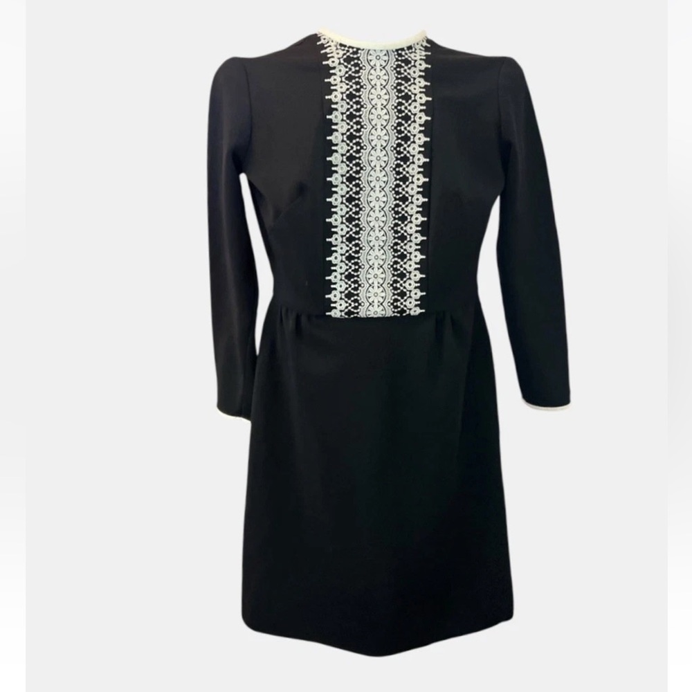 VTG 60’s Toni Todd Black Mod Midi Dress High Neckline Veritcal Lace Panel S/M